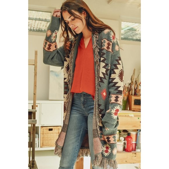 Sage Aztec Print Fringe Cardigan - Picture 5 of 6